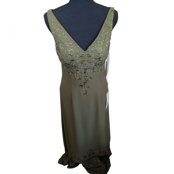 Andy Anand Couture Maxi Gown Dress Olive Green Tiered Embroidered Sequin Small - Picture 1 of 14